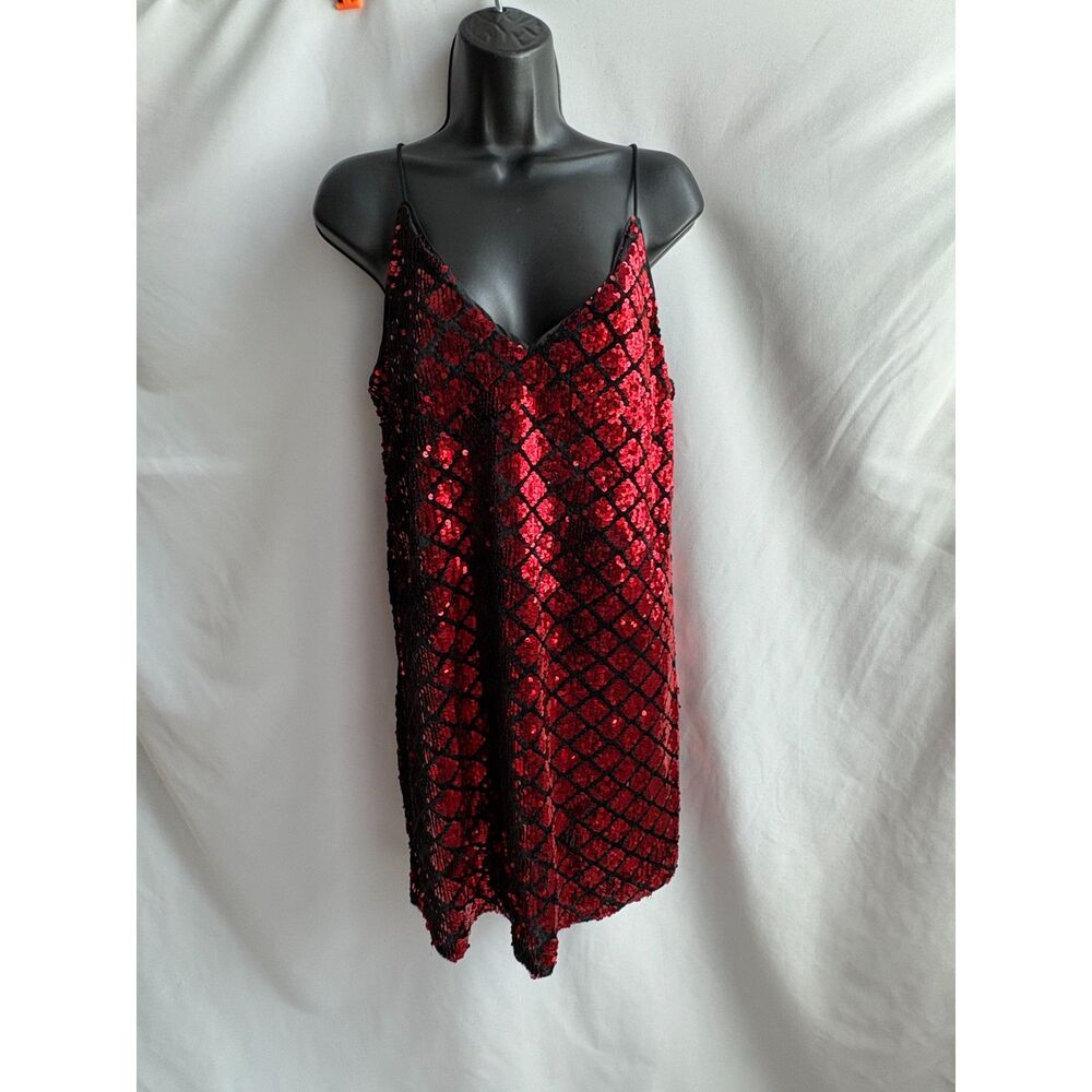 Red Fully Sequin Sleeveless Dress w Black Slip Size S Party New Years Holidays
